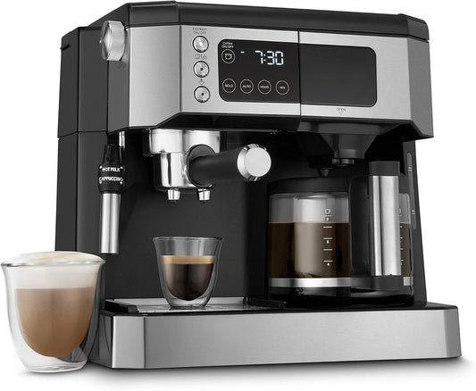 De'Longhi All-in-One Combination Coffee Maker & Espresso Machine + Advanced Adjustable Milk Frother for Cappuccino & Latte + Gla