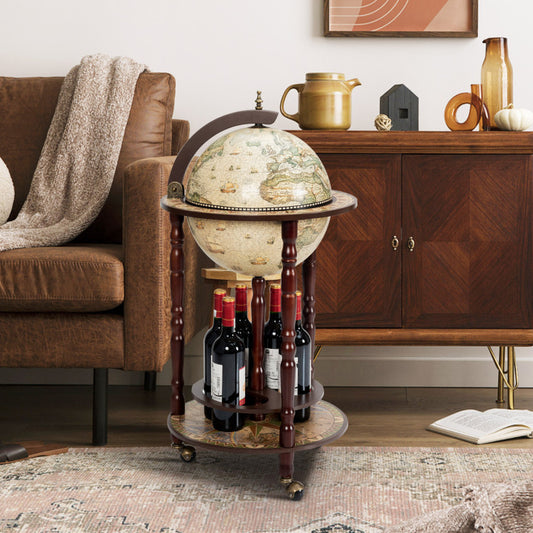 17-Inch Italian-Style Wooden Globe Liquor Bottle and Wine Rack with Wheels