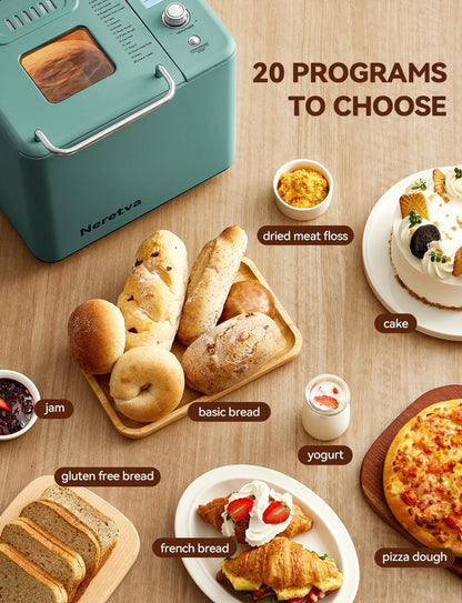 Neretva 20-in-1 Professional Bread Maker with Dual Heater, 2LB Capacity, All-Metal Nonstick Ceramic Pan, Compact Design for Gluten-Free Baking, Dough Preparation, Dried Meat Floss, Jam, and Yogurt - Green
