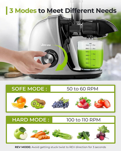 Jocuu Slow Masticating Juicer - High Juice Yield, Easy to Clean, Quiet Operation, with Soft & Hard Modes, Includes Brush & Recipes (Grey)