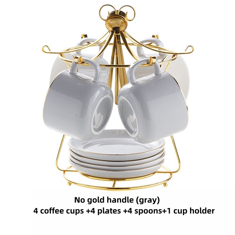 Color: Gray, Capacity: Gold free handle - Simple Gold-painted Coffee Cup Suit Luxury Ceramic European-style Latte Art Afternoon Tea With Shelf