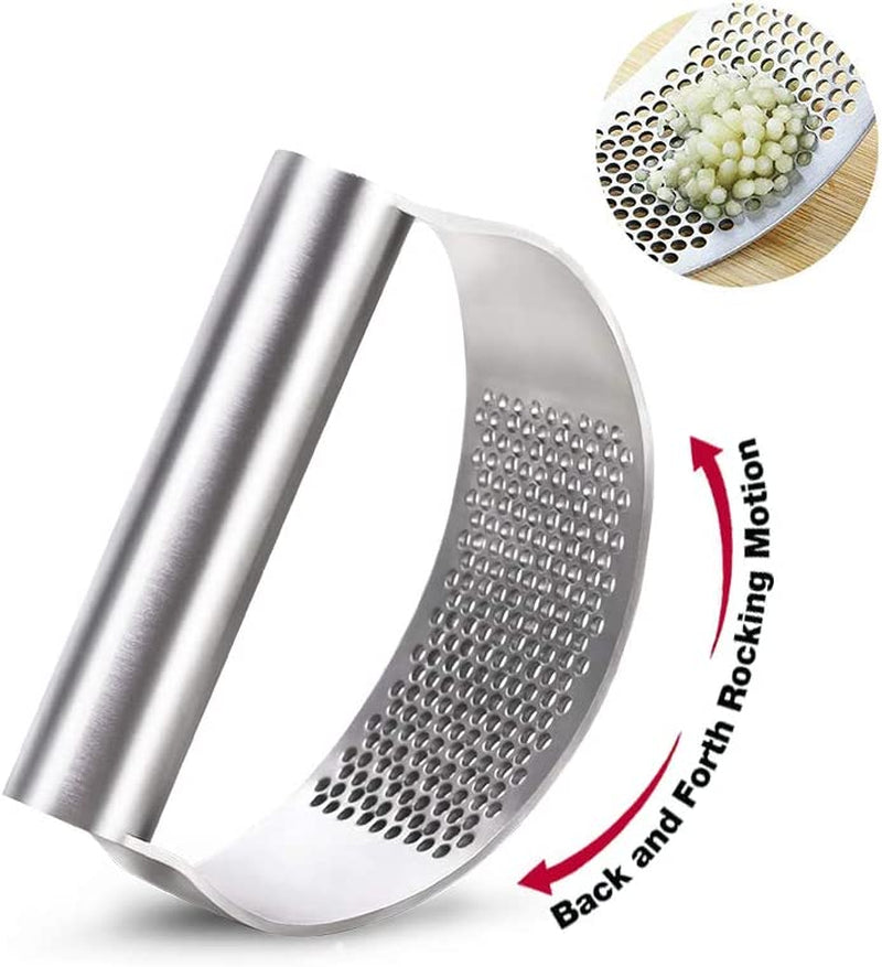 Gudoqi Stainless Steel Garlic Press Rocker - Ergonomic, Dishwasher Safe with Silicone Peeler & Cleaning Brush - Rust Proof Garlic Mincer for Effortless Cooking