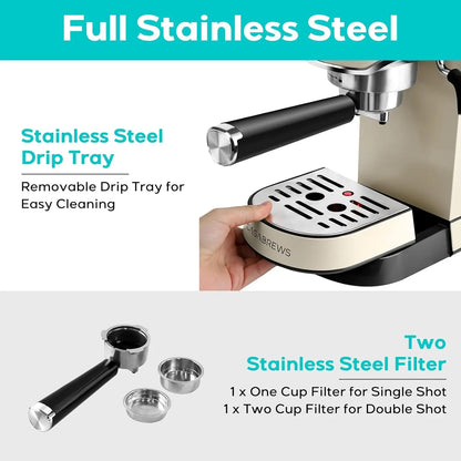 Espresso Maker with Milk Frother Steam Wand, Stainless Steel Espresso Coffee Machine