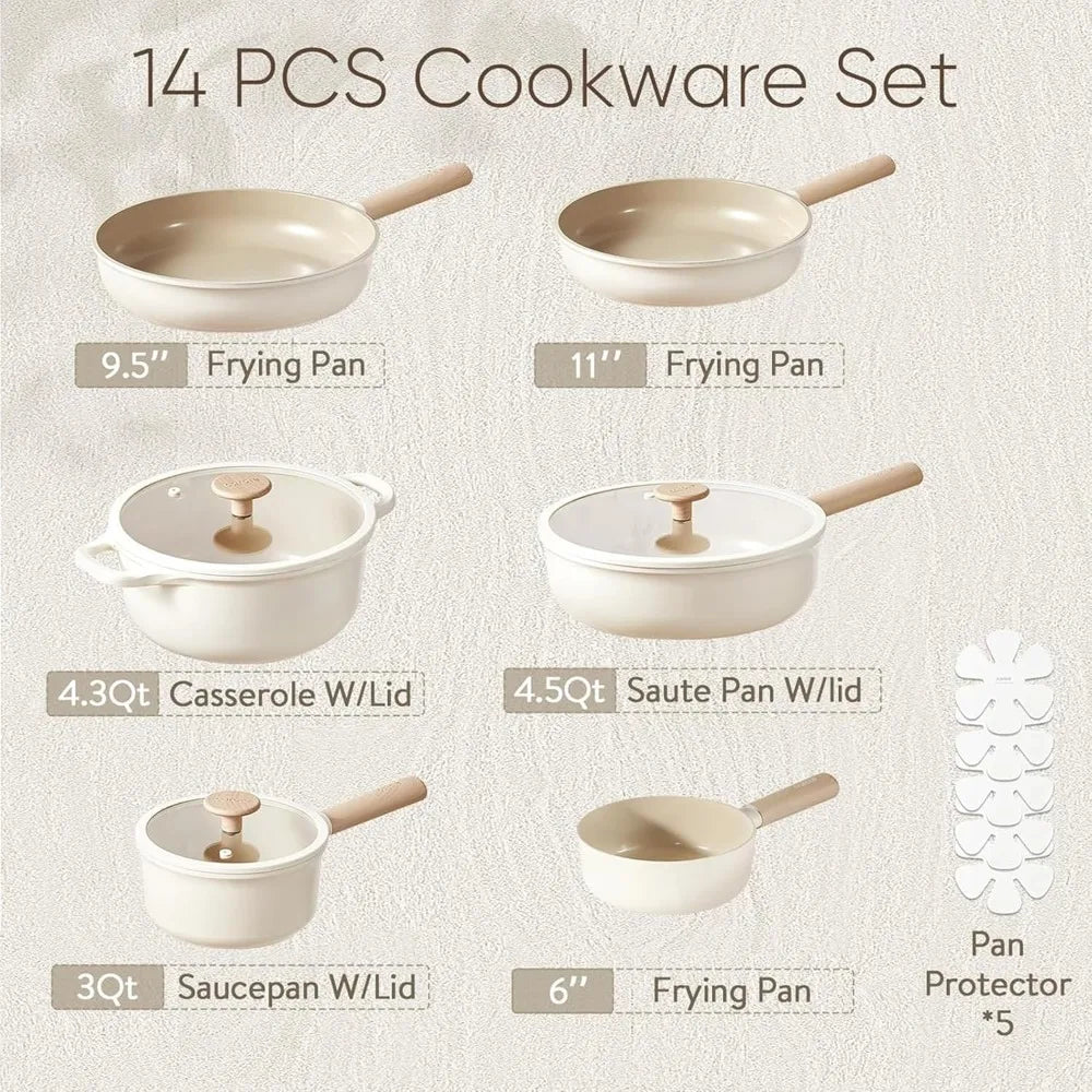 2025 NEW CAROTE Ceramic Pots and Pans Set, 14pcs Cookware Set, Non-toxic Healthy Non Stick Cooking Set, with Frying Pans Set