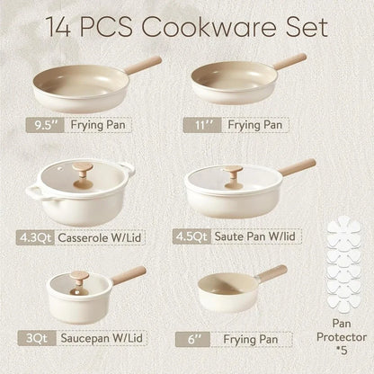 2025 NEW CAROTE Ceramic Pots and Pans Set, 14pcs Cookware Set, Non-toxic Healthy Non Stick Cooking Set, with Frying Pans Set