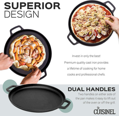 Cuisinel Pre-Seasoned 13.5 Inch Cast Iron Pizza and Baking Pan - Superior Heat Retention and Distribution for Stove, Oven, Grill, or Campfire Use