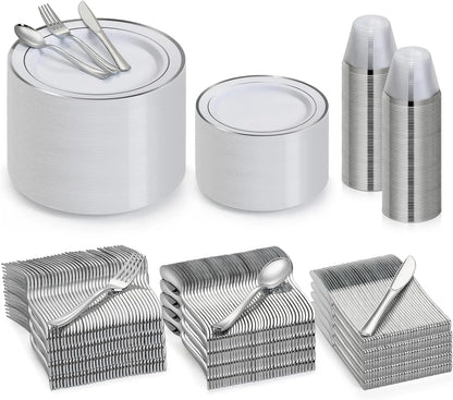 600 Pcs Plastic Dinnerware Set for 100 Guests, Disposable Plastic Plates for Party Wedding Birthday, Dinner Plates, Salad Plates