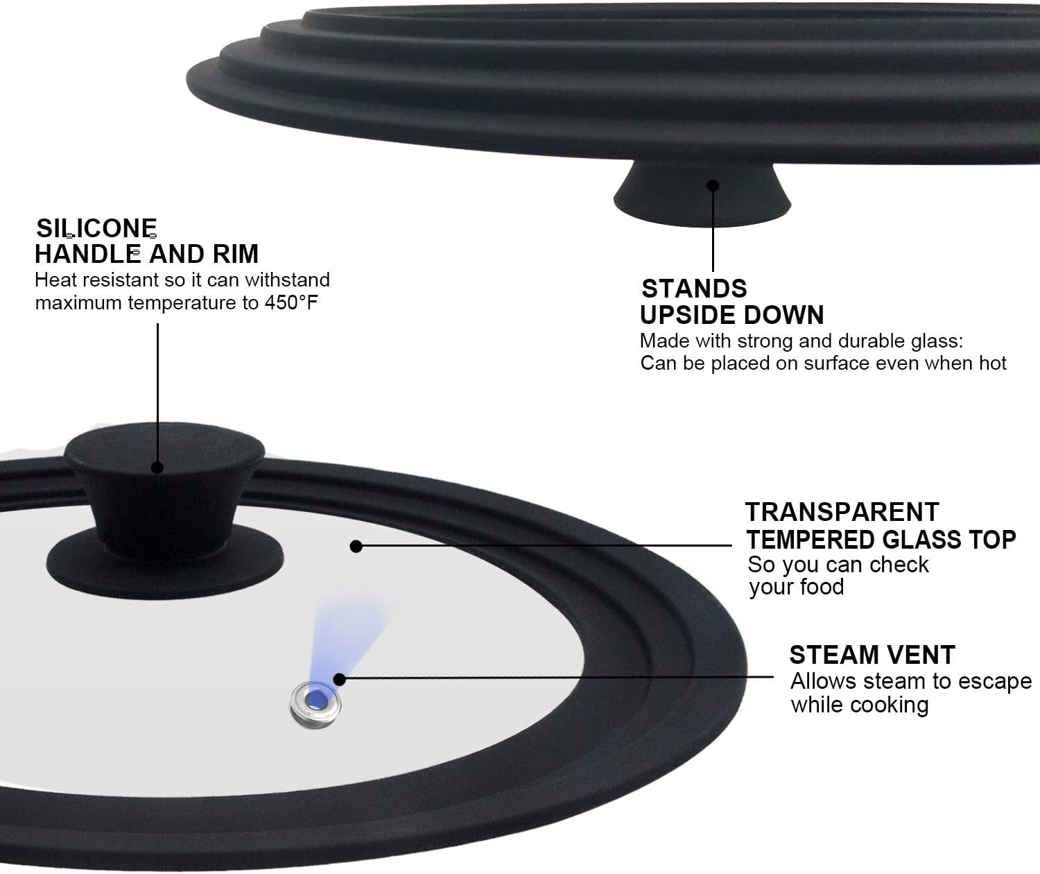 Versatile Universal Lid for Pots, Pans & Skillets - Fits 6.5", 7", & 8" Cookware - Durable Tempered Glass with Heat-Resistant Silicone Rim