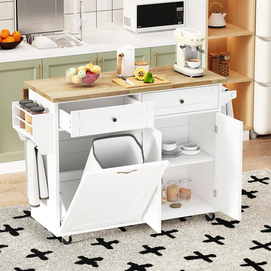 ANPOO Rolling Kitchen Island with Drop Leaf, Tilt Out Kitchen Trash Cabinet 10 Gallon Storage, Kitchen Cart Island with Rubber Wood Top, Spice Rack and Drawers(White)
