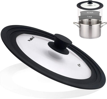 Versatile Universal Lid for Pots, Pans & Skillets - Fits 6.5", 7", & 8" Cookware - Durable Tempered Glass with Heat-Resistant Silicone Rim