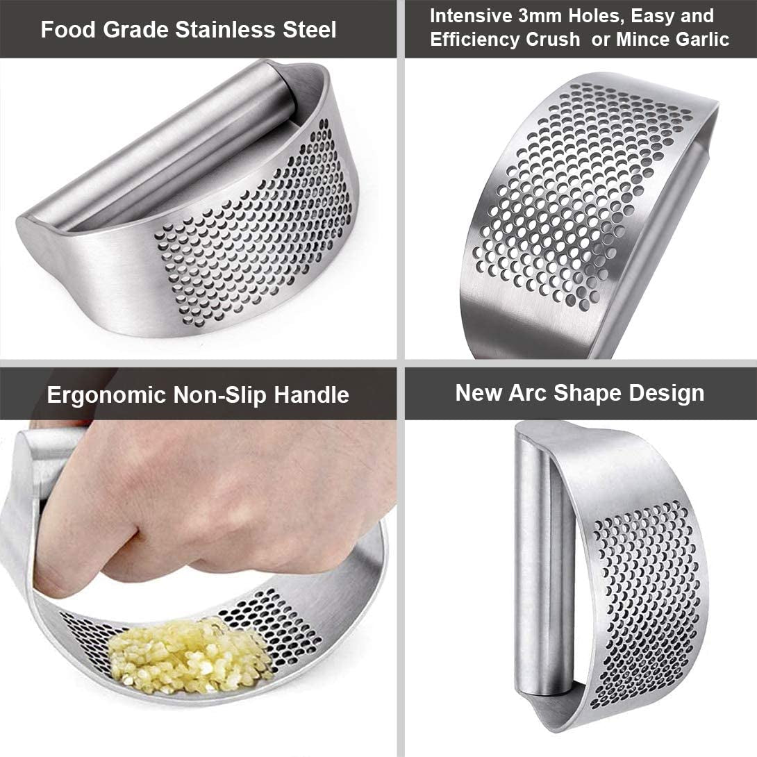 Gudoqi Stainless Steel Garlic Press Rocker - Ergonomic, Dishwasher Safe with Silicone Peeler & Cleaning Brush - Rust Proof Garlic Mincer for Effortless Cooking