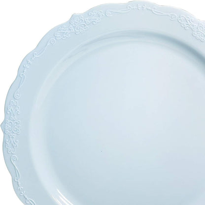 120-Count Verona Blue Vintage Wedding Party Disposable Plastic Plates Set for 60 Guests - Featuring 60 Dinner Plates (10") and 60 Salad/Dessert Plates (7.5")