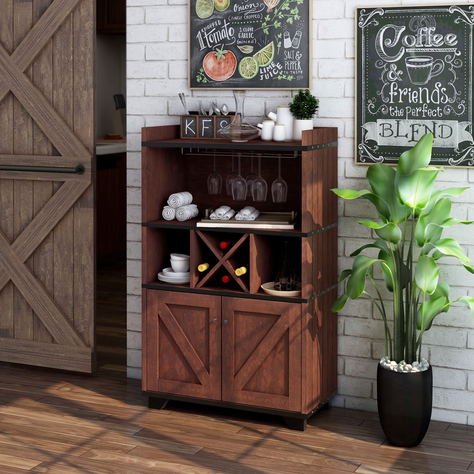 Furniture of America Keya Farmhouse 6-Shelf Wine Cabinet Buffet Vintage Walnut Walnut Finish, Wood Finish