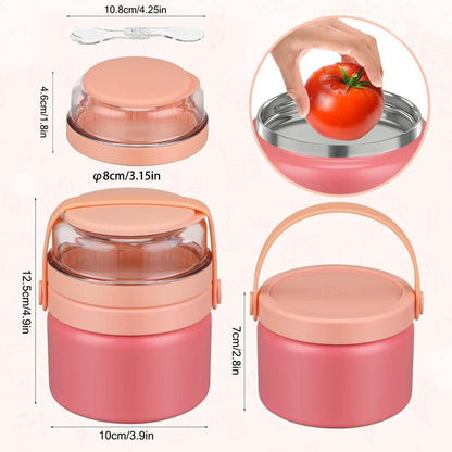 Multifunctional 2 in 1 Vacuum Food Jar, 1 Count Stainless Steel Leak Proof Food Jar with Snack Container, Lunch Box for School Travel, Lunch Box for Kids