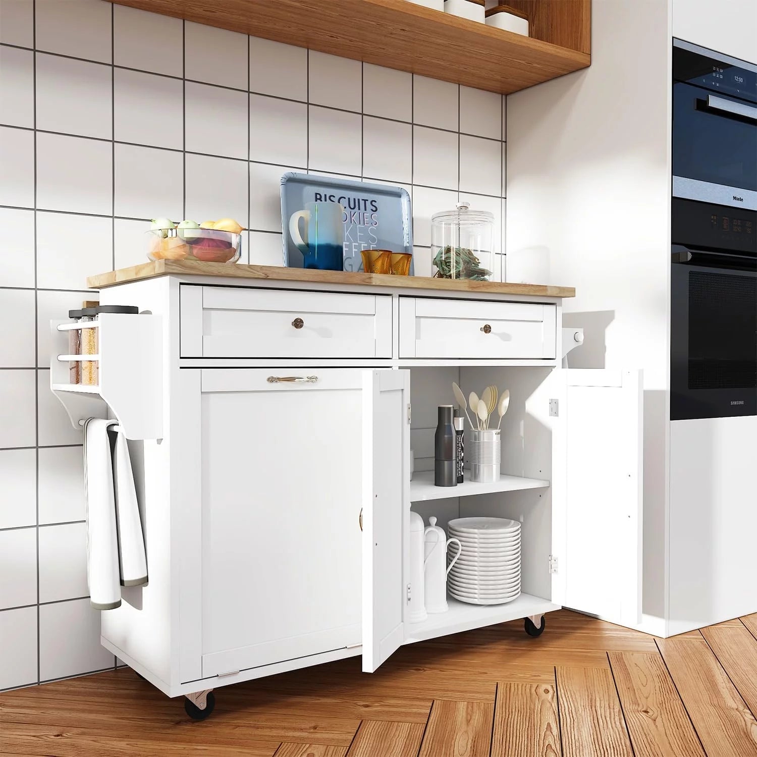 ANPOO Rolling Kitchen Island with Drop Leaf, Tilt Out Kitchen Trash Cabinet 10 Gallon Storage, Kitchen Cart Island with Rubber Wood Top, Spice Rack and Drawers(White)