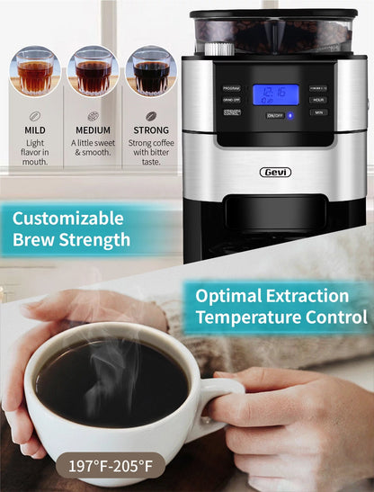 GEVI 10-Cup Programmable Coffee Maker with Built-In Burr Grinder and Drip Brewing System