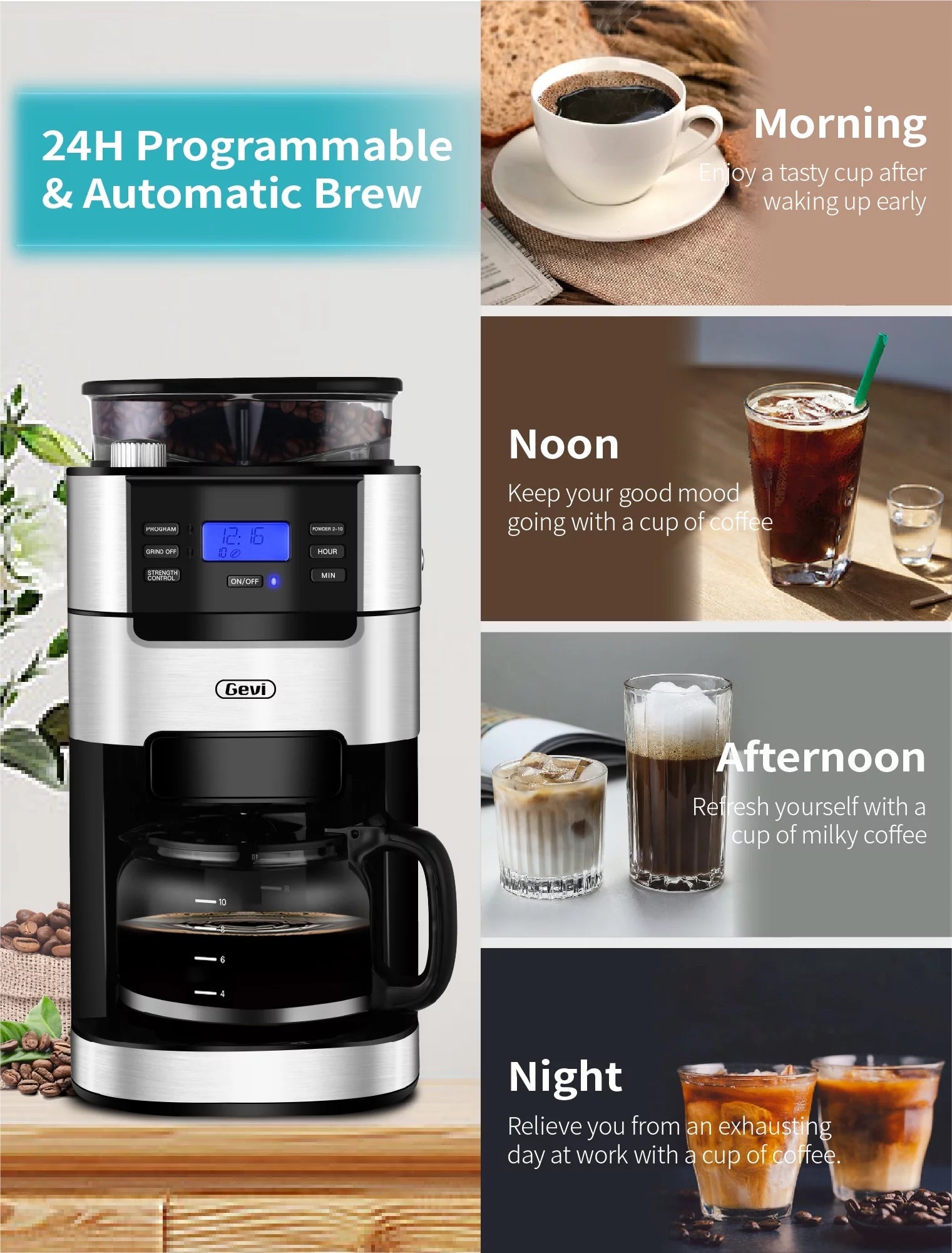 GEVI 10-Cup Programmable Coffee Maker with Built-In Burr Grinder and Drip Brewing System