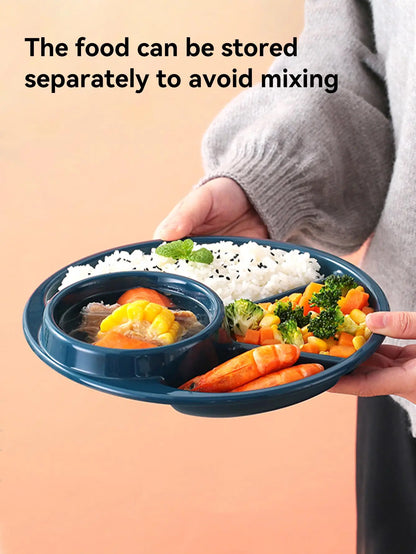 WORTHBUY Reusable Round Dinner Plate With Fork Spoon Kitchen Dinnerware Divided Plates For Adults Children Microwave Safe Dish