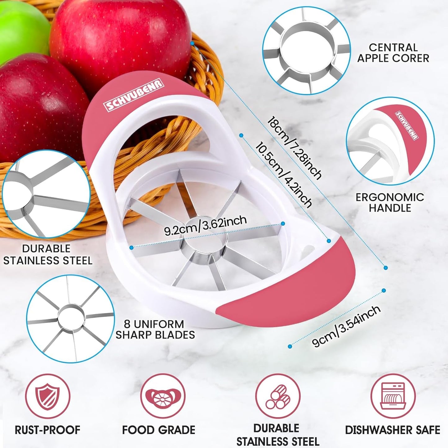 SCHVUBENR Professional 3.5-Inch Apple Slicer and Corer - Premium Stainless Steel Cutter with 8 Sharp Blades (Pink)