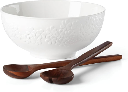 Kate Spade New York Blossom Lane Salad Bowl and Serving Utensils Set, 3.75 lbs, White