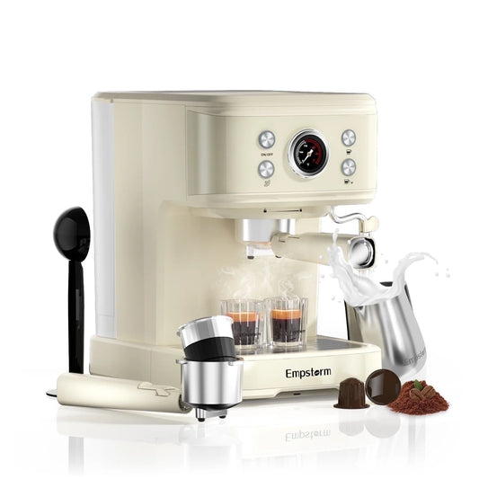 Empstorm 20-Bar Espresso Machine: 2-in-1 Cappuccino Maker with Milk Frother Steam Wand, Compatible with NS Original Capsules for Home and Commercial Use, Beige