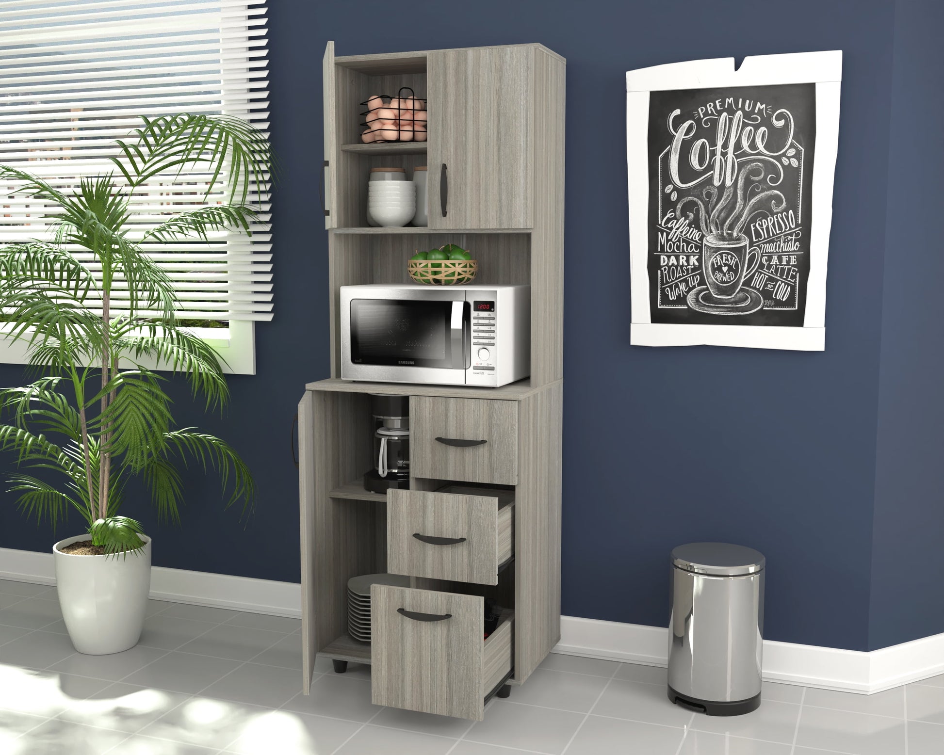 INVAL 3-Drawer 4-Shelf Kitchen/Microwave Storage Cabinet in Gray Smoke Oak