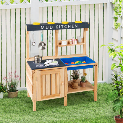 Costway Outdoor Mud Kids Kitchen Playset Wooden Pretend Play Toy with Kitchenware