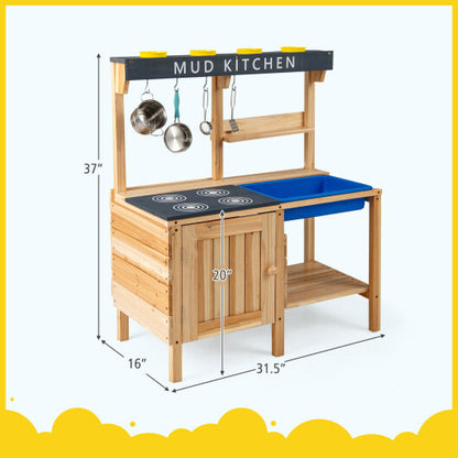 Costway Outdoor Mud Kids Kitchen Playset Wooden Pretend Play Toy with Kitchenware